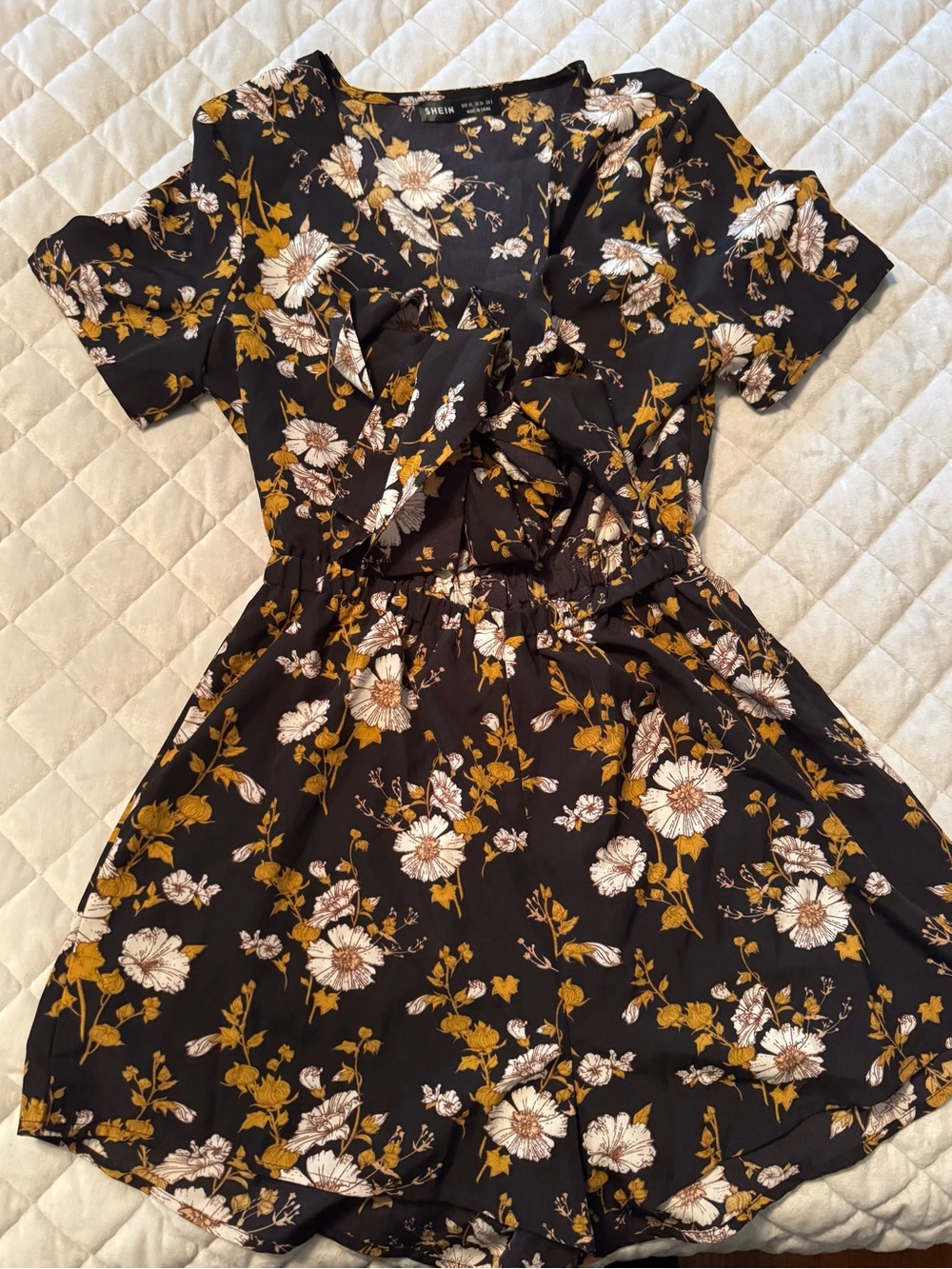 SHEIN Black Floral Ruffle Tie-Front Romper with Mustard Accents